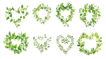 Set of decorative green leaf wreaths, bouquets. Watercolor style floral illustration. Ideal for wedding invites, cards. Nature-inspired designs. Branches, leaves arranged in circular, heart shapes