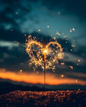 Heart-Shaped Sparkler at Sunset
