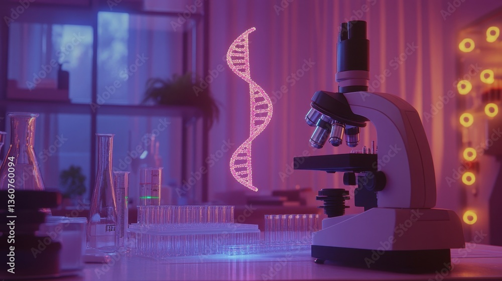 Poster a colorful representation of genetic sequencing with a holographic dna strand floating above a lab t