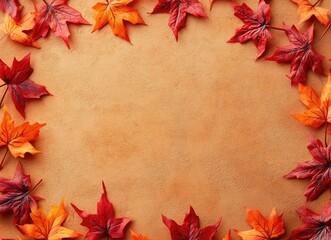 Colorful Autumn Leaves Frame on Textured Brown Background for Fall Season