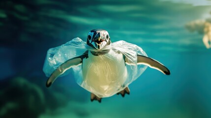 Penguin trapped in plastic bag. Human activities impact and threaten animal’s natural habitat.