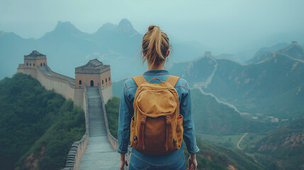 Woman with Backpack Exploring Great Wall Through Misty Mountains.