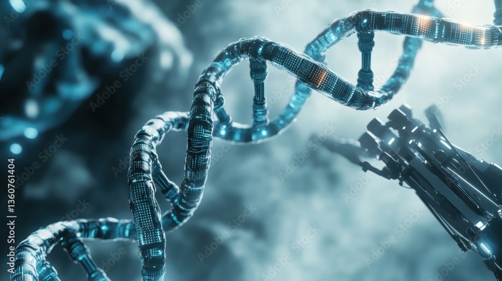Poster a conceptual image of genetic modification, featuring a digital dna helix being manipulated by robot