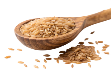 Golden grains of Kamut spill from a rustic wooden spoon, promising wholesome goodness and rustic charm in a kitchen setting.