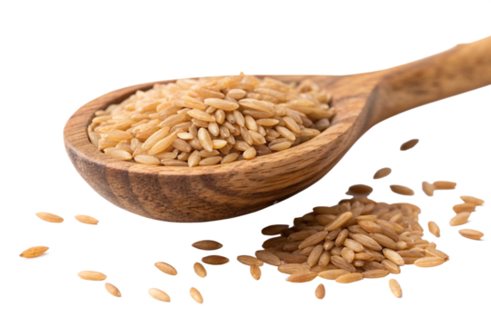 Golden grains of Kamut spill from a rustic wooden spoon, promising wholesome goodness and rustic charm in a kitchen setting.