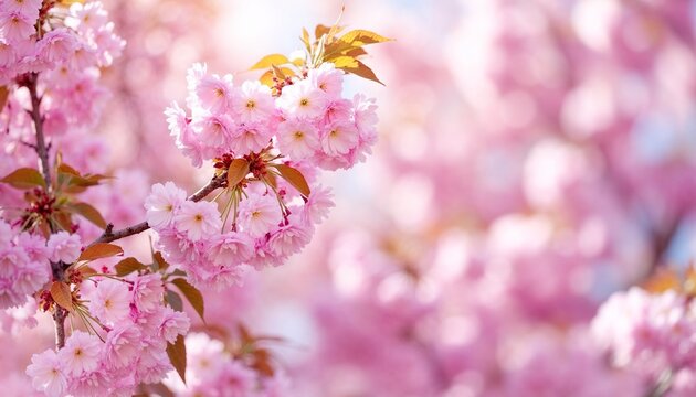 Sakura cherry blossom branch agaisnt the blooming tranquil park background