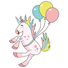 A happy unicorn is flying on balloons. Vector image of a unicorn.