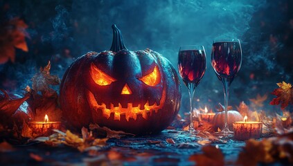 Spooky Halloween scene with a carved pumpkin, lit candles, and two glasses of red wine. A dark and moody atmosphere.