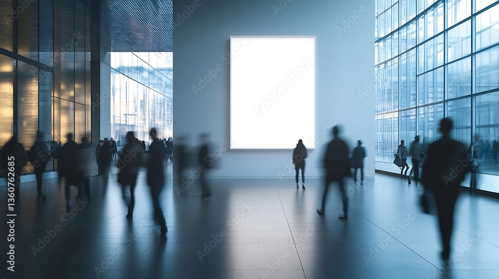 Poster empty white vertical frame in a modern art gallery, surrounded by blurry figures. bright daylight fi