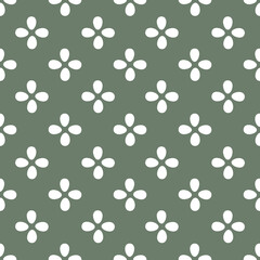 Modern minimalistic seamless pattern with abstract flowers. White floral elements on a gray-green background create a stylish and versatile design.for textiles, packaging, scrapbooking, wallpaper 