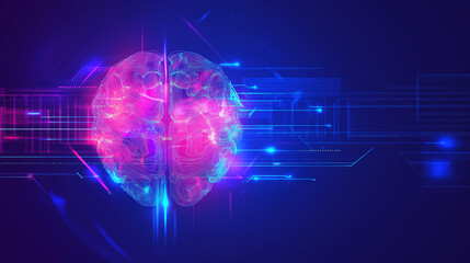Holographic brain in neural matrix, technology visualization, purple blue ai interface, sci-fi background
