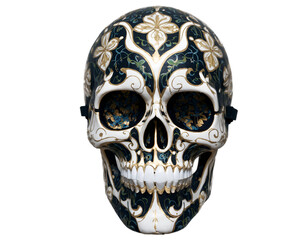 Intricate Skull Mask, A Detailed View of Decorative Art with Floral and Ornamental Designs, Perfect for Cultural Celebrations and Artistic Displays, isolated on a neutral space