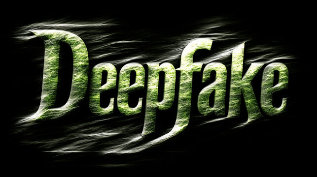 The word "Deepfake" appears in bold, textured green letters with streaks of digital distortion, glowing against a black background, evoking a sense of unease.