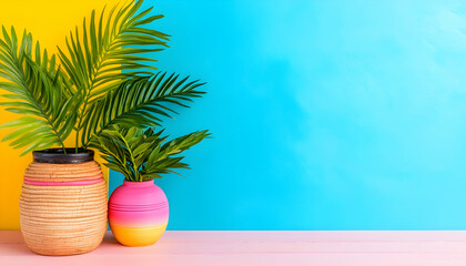 Obraz premium Tropical plants in vases against vibrant background
