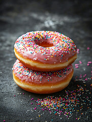 Stacked donuts with pink frosting and colorful sprinkles sit against a dark textured background some sprinkles scattered around.