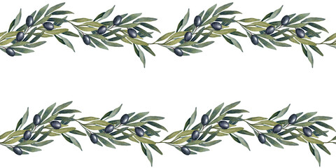 Fototapeta premium Hand drawn watercolor illustration of olive branches with green and black olives. Natural botanical composition with leaves and fruits. Perfect for packaging, textile, invitations, backgrounds, prints