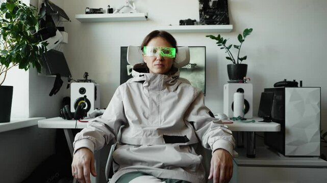 Cybersecurity expert in white room surrounded by digital code and encrypted data. Hacker in neon glasses monitors cyber threats, ensuring online safety. Hacking prevention, and network security