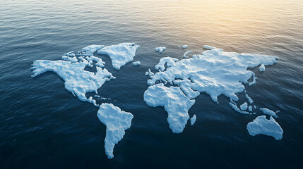 A creative representation of a world map formed by ice on the ocean surface, highlighting environmental themes and climate change.