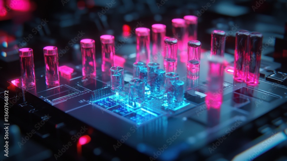 Poster a futuristic nanotechnology experiment displayed with holographic molecular structures.