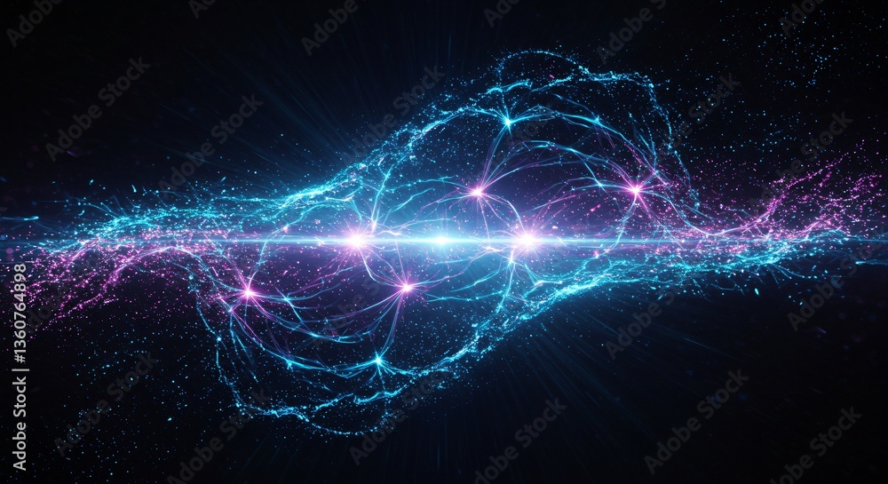 Poster futuristic data stream exploding with energy for scientific visualization, presentation template, in