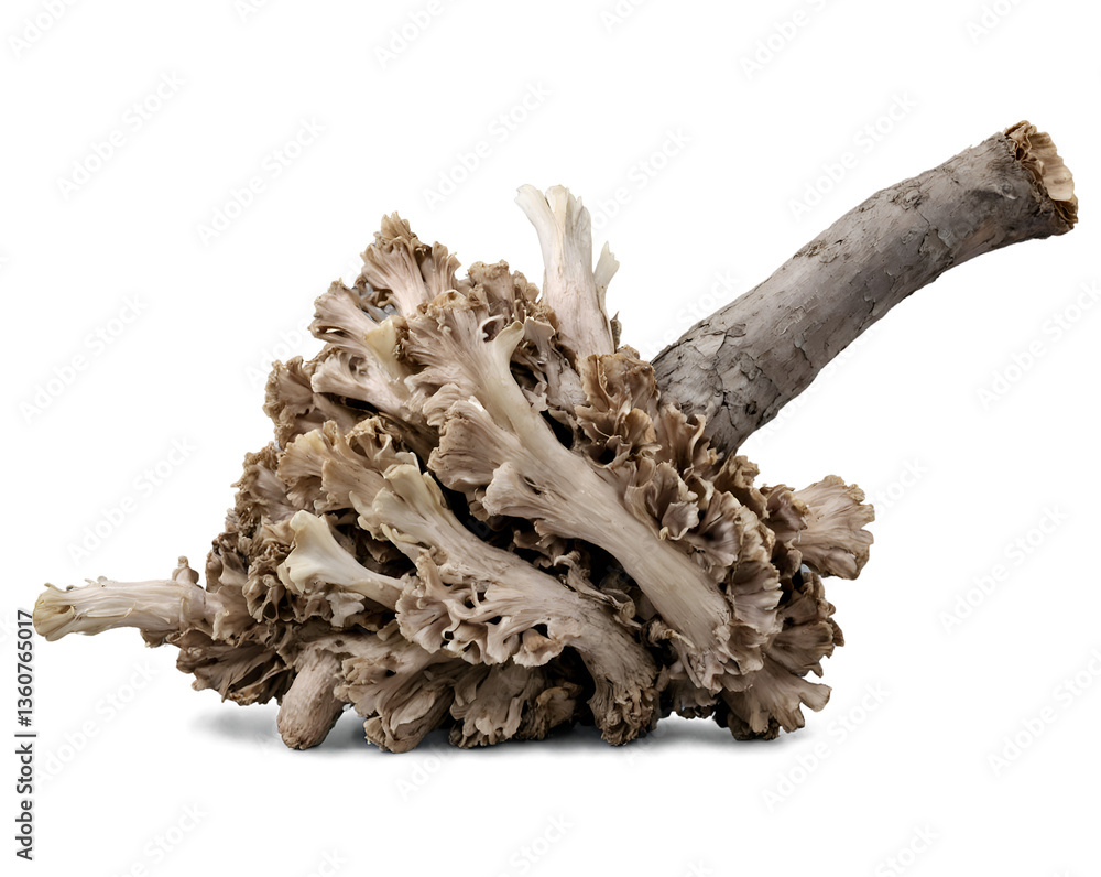 Poster intricate textures and patterns of a hen of the woods mushroom and its connection to nature, emphasi