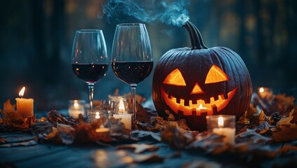 Spooky season romance: Two glasses of red wine and a glowing jack-o'-lantern create a dark, romantic Halloween scene.