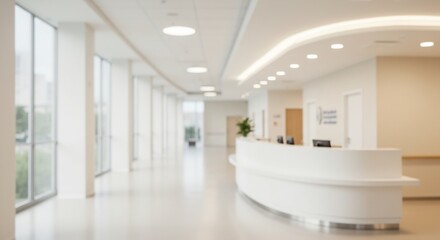 Blurred Modern Hospital Interior: Bright Corridor with Reception Desk, Large Windows, and Minimalist Design