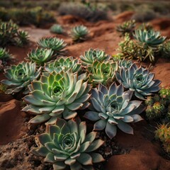 Fototapeta premium Green succulents growing in a sandy arid desert environment