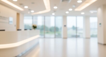 Blurred Interior of a Modern and Bright Hospital Reception Area with a Clean and Minimalist Design, Featuring a White Reception Desk and Large Windows with a View of Greenery