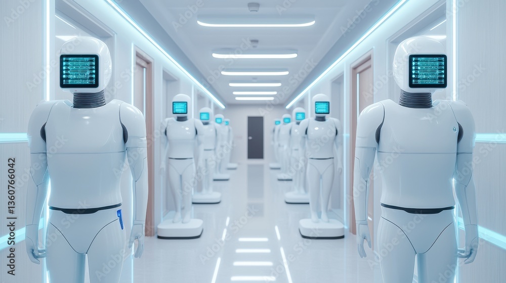 Poster a futuristic corridor features humanoid robots standing in formation, each with a digital display fo