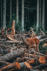Wild animal standing in forest with cut down trees. Animal lost natural habitat due to human activity.