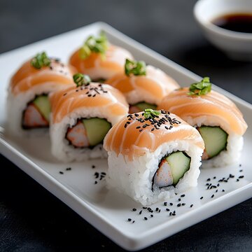 Delicious salmon sushi rolls, soy sauce, restaurant, dark background, food photography
