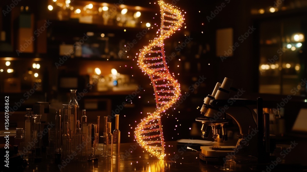 Poster a holographic dna structure appearing above a laboratory table with scientific instruments.