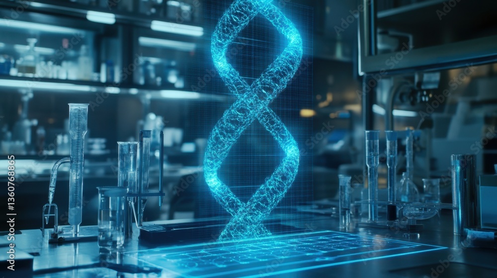 Poster a holographic dna structure appearing above a laboratory table with scientific instruments.