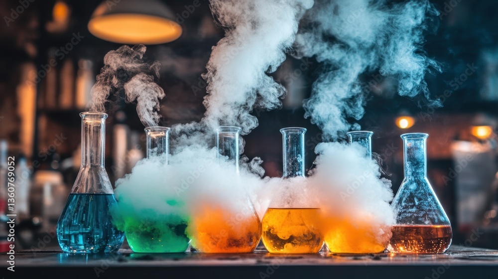 Poster a laboratory fume hood with multiple beakers containing bubbling liquids in different hues.