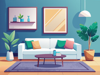 vector of A minimalist living room with a large blank canvas. white sectional sofa. and marble coffee table