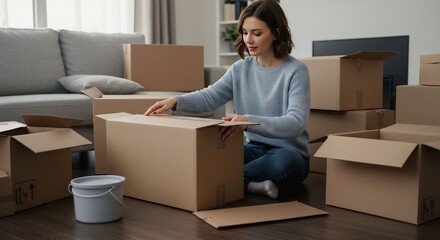 Young Woman Sitting on the Floor Packing Boxes for Moving Day in a Cozy Living Room