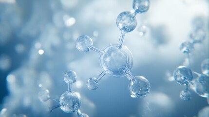 A minimalistic molecular structure floating in an ethereal blue and white atmosphere.