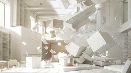 Deconstructed cube architecture exploded geometry floating fragments spatial dynamics premium architectural rendering reflections.