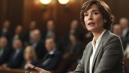 Female politician in a grey suit speaks seriously at U.S. Congress, addressing a diverse crowd in suits. Full-body shot with dramatic lighting, showcasing a photo-realistic, cinematic style.