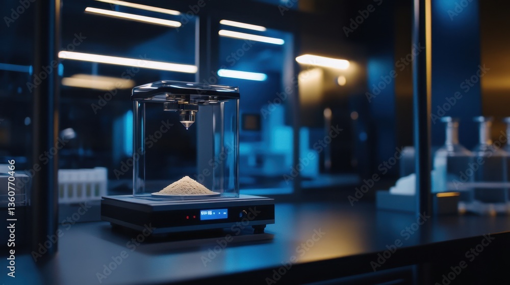 Poster a precision scale weighing fine laboratory powders for an advanced chemical experiment.