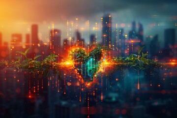 Obraz premium Abstract climate pulse illustration featuring digital heartbeat lines eco icons and smooth gradient overlays for modern visual impact Pulse modern dynamic