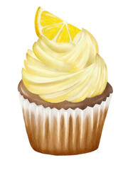 Isolated colorful cupcake with cream and lemon on the top transparent background