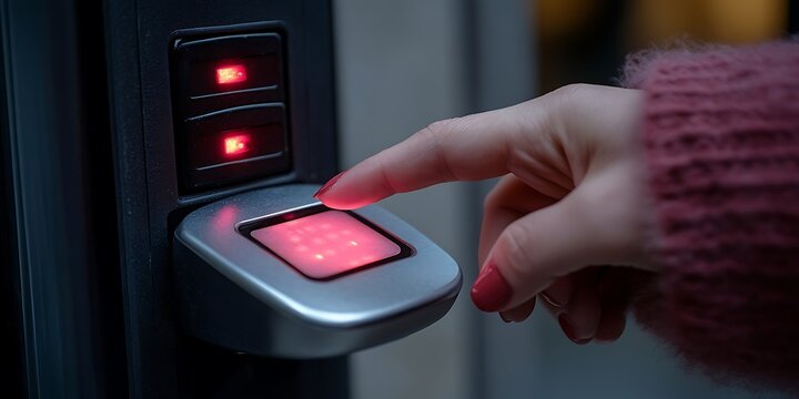 A finger pressing onto a red glowing biometric scanner reader