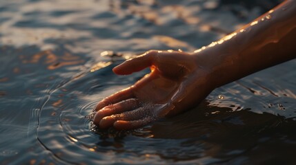 Fototapeta premium Hand Touching Water Serene Moment of Human Interaction with Nature Reflections and Ripples