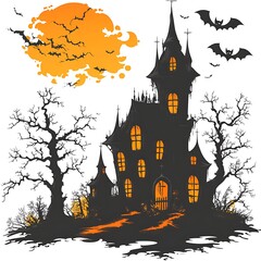 A Spooky Halloween Haunted House And Flying Bats Silhouette