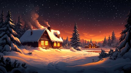 Fototapeta premium Cozy winter cabin nestled in a snowy forest at sunset, illuminated windows, starry night sky.