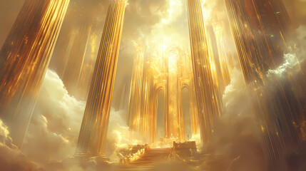 Celestial sanctuary with tall golden pillars environment with clouds and fog effects illustration. aureole. illustration. Gilded Sanctuary. Illustration