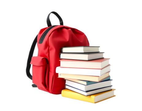 Red backpack with a stack of books - Powered by Adobe