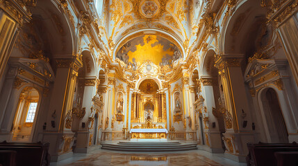 Grandiose chapel with ornate altar and golden decorations in the castelpetroso molise sanctuary of addolorata, grandiose, architecture, church. Gilded Sanctuary. Illustration